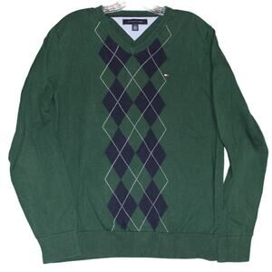 Tommy Hilfiger‎ Sweater Mens Medium Green Argyle Long Sleeve V Neck Pullover